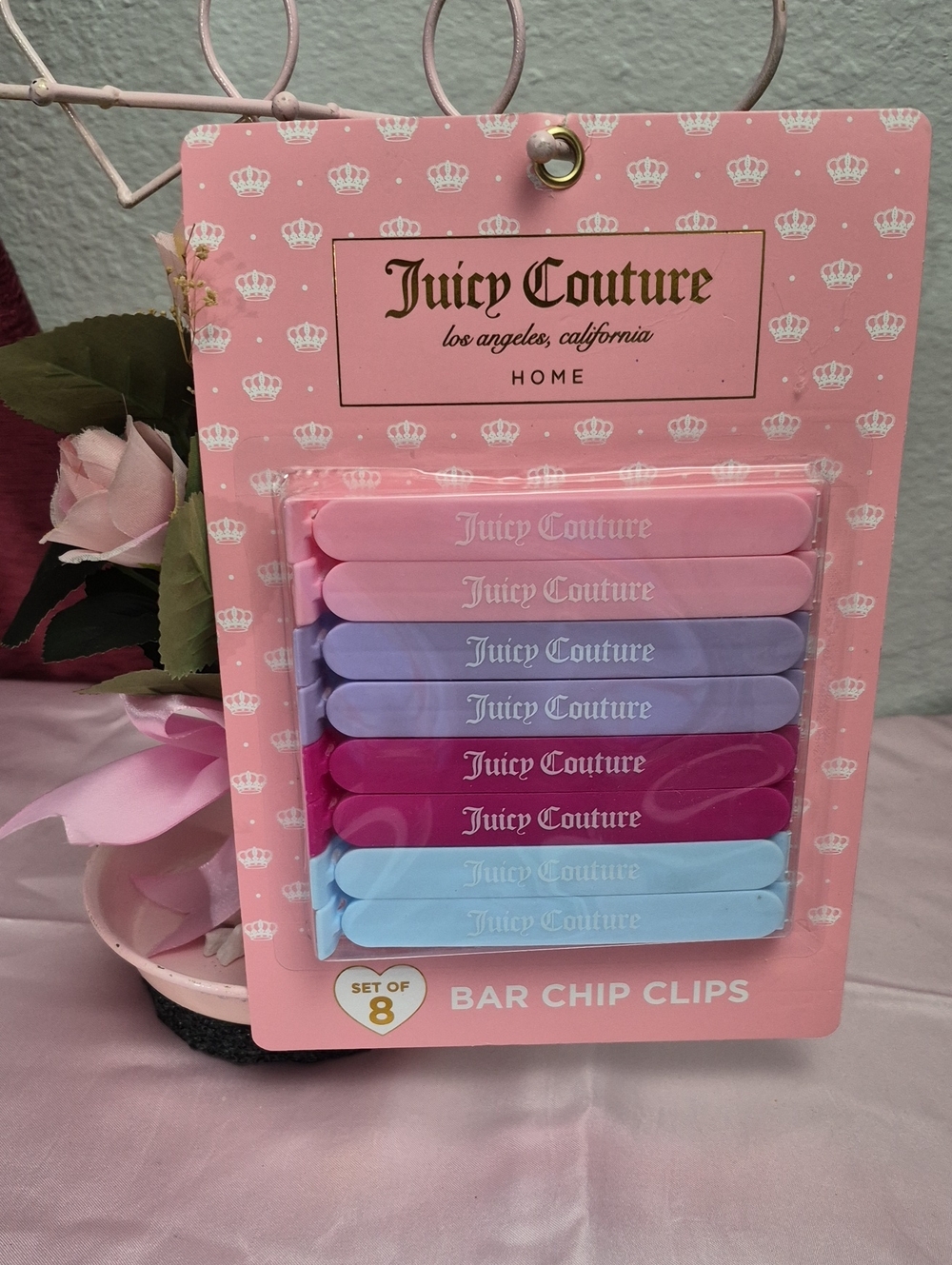 Juicy Couture Pink Multicolor Bar Chip Clips - Set of 8 New 2221